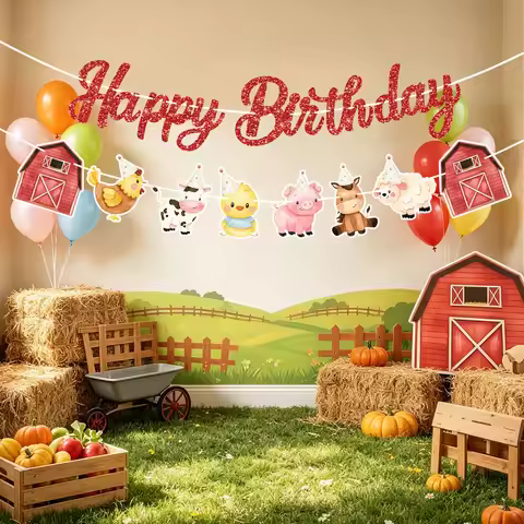 Red Farm Animals Theme Happy Birthday Lettering Banner Pull Flag Children's Day Baby Shower Decorati