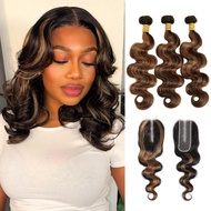 Gelombang Badan Serlah Coklat 2x6 Penutupan Renda HD dengan Himpunan 12 14 16+12 In, Balayage Ombre 