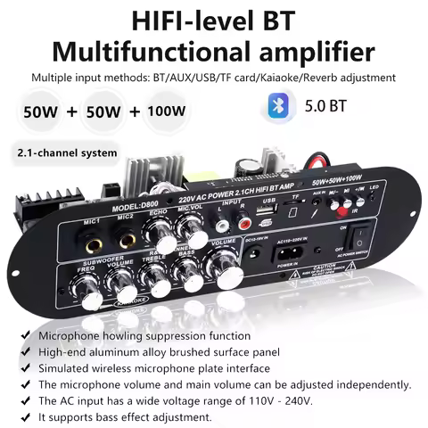 D800 Bluetooth 5.0 Digital Amplifier Board 2.1 Channel 50W+50W+100W HiFi Subwoofer Audio AMP for Hom