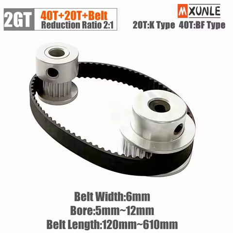 GT2 Pulley 2GT Synchronous Pulley Belt Kit 20Teeth 40Teeth 1:2 Reduction Ratio Mechanical Transmissi