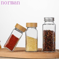 NORMAN Spice Jars, Glass Square Spice Bottle, 4oz Perforated Transparent with Bamboo wood lid Seasoning Bottle Cabinet