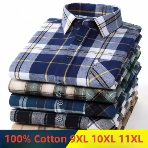 S-11XL Plaid Flannel Shirts For Men's Long Sleeve Cotton Fashion Design Young Casual Standard-Fit Th