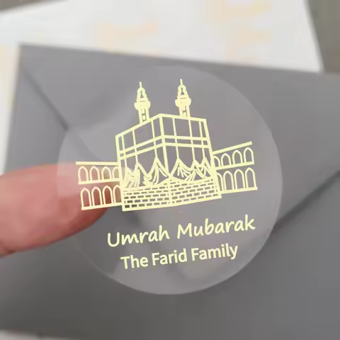 Umrah Mubarak Stickers, Custom Gold Foiled Stickers, Islamic Gifts, Personalized Clear Labels, Seals