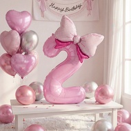 2pcs Pink Number Balloon 32 Inch with Bowknot Foil Balloon for Girls Birthday Party Decorations Supp