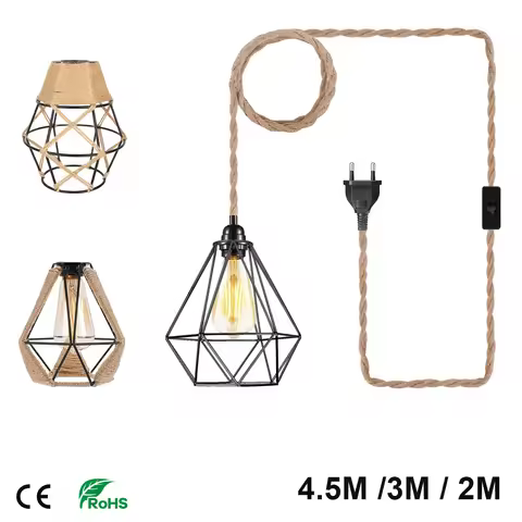 2M 3M 4.5M Power Cord Pendant Light Twisted Hemp Rope Cable Cages E26 E27 Lamp Holder EU Plug with S