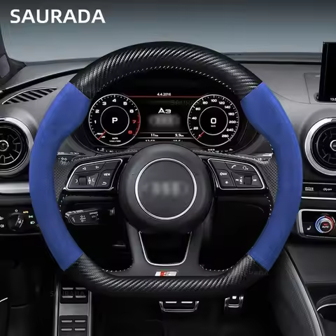 38cm Carbon Fiber PU Leather Car Steering Wheel Cover For Audi A6 8P 8L 8V S6 RS6 Q5 S Line 2014-202