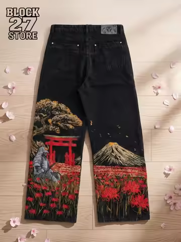 Harajuku Japanese Fashion Clothing Samurai Embroidered Oversized Jeans Men Y2K Street Hip-hop High-w