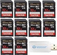 SanDisk 32GB SD Extreme Pro Memory Card (Ten Pack) for Digital DSLR Camera 4K UHD V30 UHS-I Class 10 U3 (SDSDXXO-032G-GN4IN) Bundle with (1) Everything But Stromboli MicroSDHC &amp; SD Card Reader