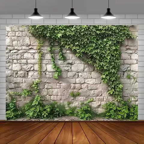 Vibrant spring garden theme, stone wall design, lush green and natural inspiration elements