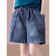 Beautiful quality wide-form elastic waist jean shorts H76