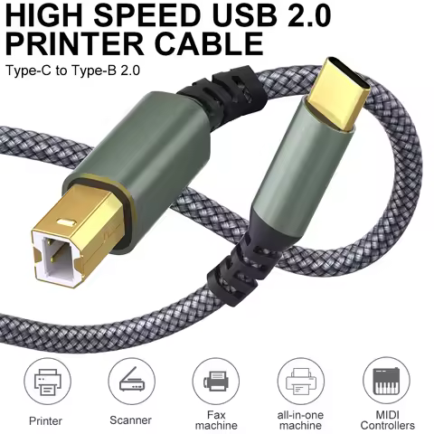 LAIHONEN USB Type C to UsB B Printer Cable Gray Braided Printer Scanner Cord For Canon Epson HP Sams