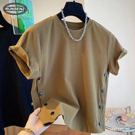 M-4XL Fashion Plain Side Button Tshirt Women Plus Size Loose Cropped Casual Top