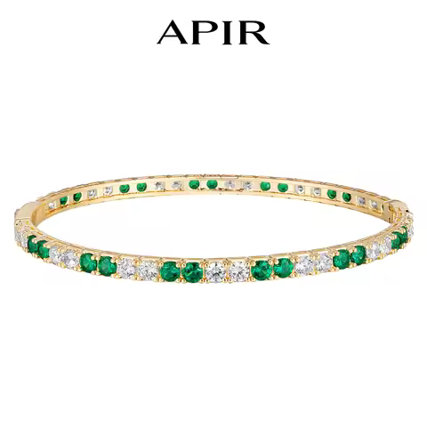 APIR 14K Gold Plated 5A Cubic Zirconia Bangle for Women Green Zircon Sparkling Bracelets Daily Wear 