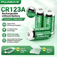PUJIMAX CR123A Rechargeable Battery Type-C 3V 2550mWh Li-ion for Smoke Alarm Flashlight Camera Toy