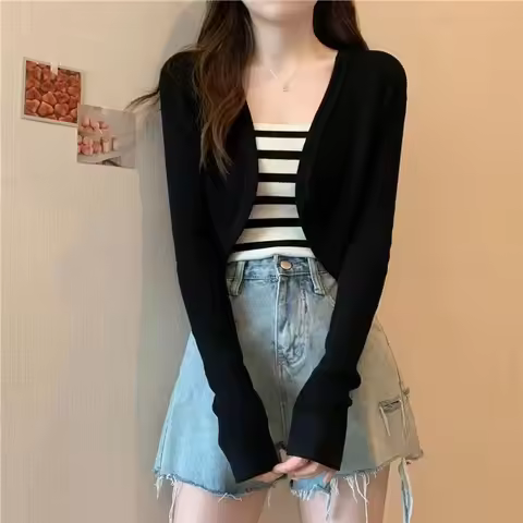 Shrug Top Long Sleeve Open Front Crop Cardigan Sweater Summer Bolero Top Women Teen-girl 90s Y2K Out