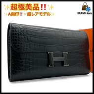 ★【成色極佳】愛馬仕鱷魚皮 Constance 長對折錢包，黑色，A 字印章，男女通用★