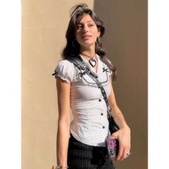 baju blouse wanita baju kemeja perempuan Amyway [French Girl] Contrast Color Stitching Polka Dot Puf