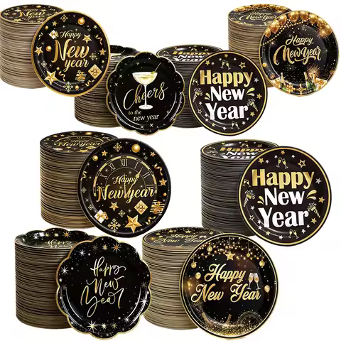 7/9inch Happy New Year Paper Plates Black Gold Dinner Dessert Plates New Year Eve Party Tableware De