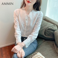 AMMIN เสื้อเชิ้ตลูกไม้สีขาวแขนยาวสไตล์เกาหลีเสื้อเชิ้ตคอวีสีขาวเสื้อลูกไม้เสื้อลำลองฝรั่งเศส2022