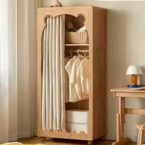 Solid wood children's wardrobe European beech bedroom simple curtain wardrobe modern simple househol