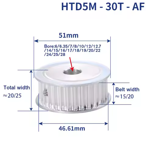 HTD5M 30T AF Timing Pulley Bore 6/6.35/8/10/12/12.7/14/15/16/17/20/22/24mm 30Teeth 5mm Pitch For Wid