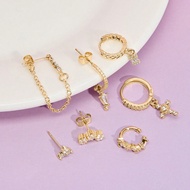 7pcs Fashion Vacation Style Luxury Copper Plated White Zirconia Cross & Pentagram Earrings Set For L