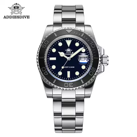 ADDIESDIVE Men's Quartz Watch Ceramic Bezel Steel Watches Top Luxury Wristwatch BGW9 Blue Luminous D