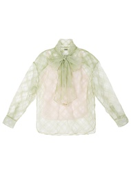 Kloset Design Tie Detailed Neckline Top (PF24-T014-F) เสื้อเชิ้ตแขนยาว ผ้าโปร่งลายสก็อต มีเสื้อซับ