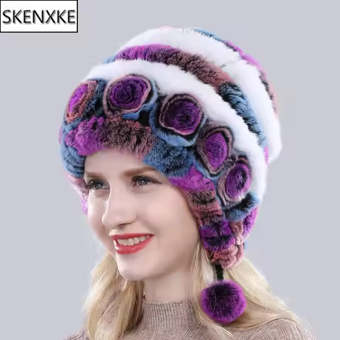 Hot Sale Winter Women Flowers Striped Natural Real Rex Rabbit Fur Hats Lady Warm Knit Genuine Fur Ca