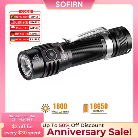 Sofirn SC18 1800lm SST40 LED 18650 Torch TIR Optics Lens EDC Flashlight USB C Rechargeable Lantern