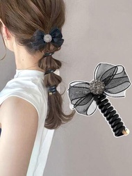 1入時尚蝴蝶結電話線髮圈，適合日本泡泡辮、編織馬尾等，優雅