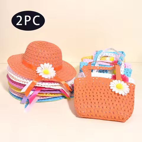 2PC girl flower woven sun hat and shoulder bag, suitable for outdoor vacation, summer beach party, a