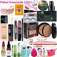 Paket Kosmetik Lengkap Glow Up 23in1 Murah Set Makeup Wajah Sunisa Foundation Concealer Eyeliner Maskara Bedak Lipstik Serum Kuas 5in1 Bandana Alat Cukur Alis Pensil Alis Masker Sisir+Cermin Spons Alat Cetak Alis isi 3 Kuas Gratis Tas Kosmetik