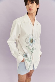 MAISON L BOMD - DOUBLE CUFFS WHITE COTTON WITH BLUE FLOWER PRINTS SHIRT
