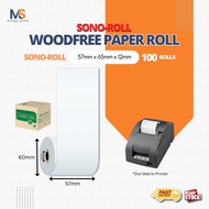 57mm x 65mm x 12mm - 100 Rolls/Box / SONO-ROLL Woodfree Paper Roll / Receipt Paper Roll / Dot Matrix