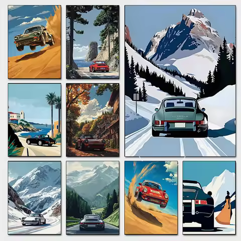 Classic Porsche 911 Alpine Drive Poster Retro Alpine Trip Cartoon Prints Canvas Painting Wall Art Pi