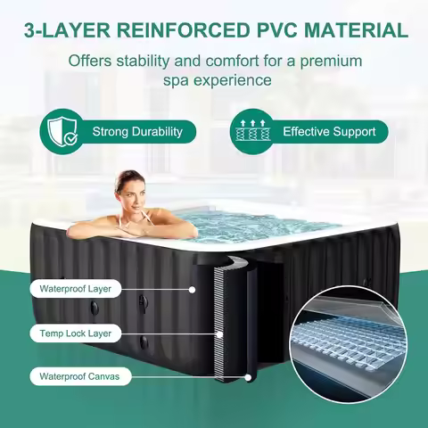73'' X 73'' X 25'' Inflatable Hot Tub for 4-6 People Portable Square Spa PVC with 130 Bubble Jets ，c