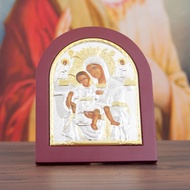 Red Trim Gold Silver Orthodox Mary with Jesus Icon Byzantine Sacred Art Handcrafted Altar Piece Chri