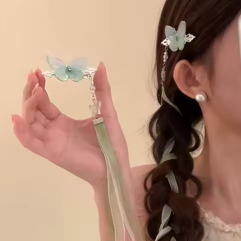 2pcs Neo Chinese Style Hair Clips Fairy Butterfly Ribbon Hairpin For Women Girls Elegant Exquisite H