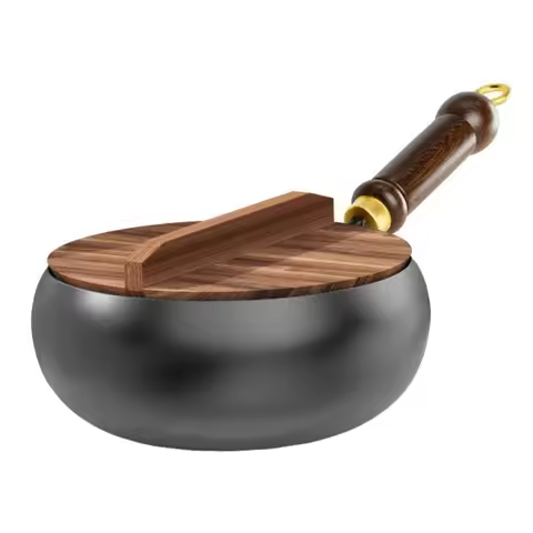 Healthy Hand Forging Cast Iron Pot NonStick Uncoated Frying Pan with Wooden Lid Chinese Wok Inductio