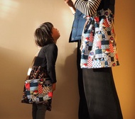 親子套裝 手作深藍色日本富士山圖案索繩帆布袋 及斜揹包