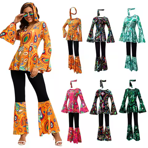 Women 60s 70s Outfits Hippie Costume Set Disco Outfit Dress Boho Flared Pants Hippie Shirt Headband