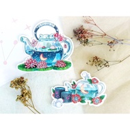 Cute Glass Teapot Sticker | Green tea Bird and Lotus Cat
