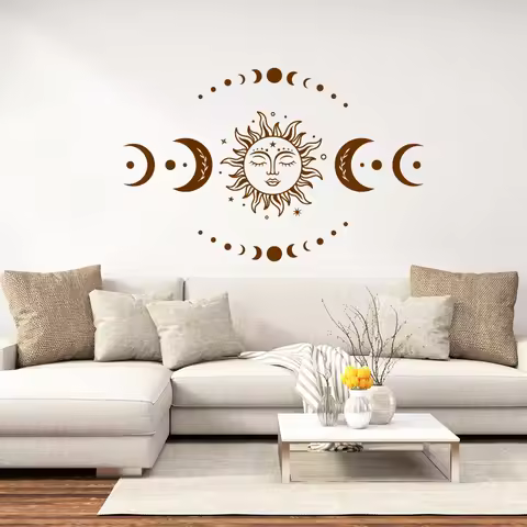 Mystical Sun and Moon Wall Decals Magic Celestial Moon Phase Decal for Bedroom Living Room Home Mura