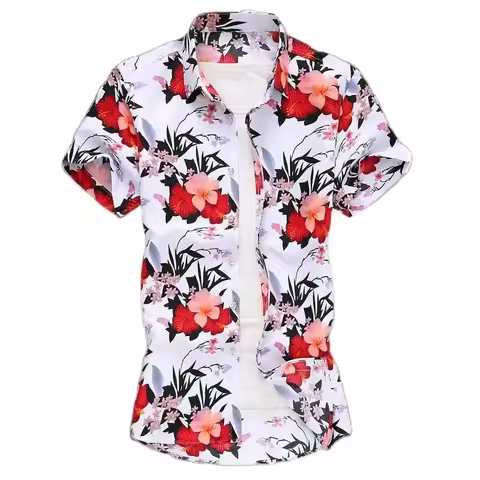 Men's Print Shirt, Short Sleeved Beach Shirts Single Breasted Square Collar Black Purple Camisa Asia