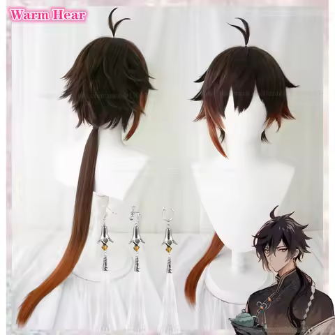 90cm Long Zhongli Cosplay Wig Game Cosplay Morax Zhong Li Wig Brown Gradient Ponytail Hair Earring H