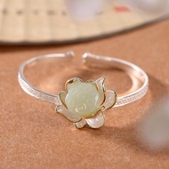 [1481People Collection]Original S925Sterling Silver Inlaid Hetian Jade White Jade Lotus Creative Arc