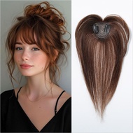 100% Remy Human Hair Toppers กับ Bangs Light สีน้ําตาล Hairpieces 3D Wispy Bangs สําหรับผู้หญิงผมบาง