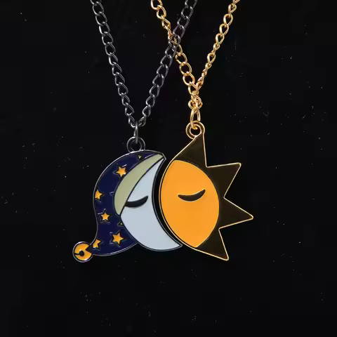 Fashion Set Couple Sun and Moon Splicing Necklace Good Night Expression Pendant Necklace Valentine's