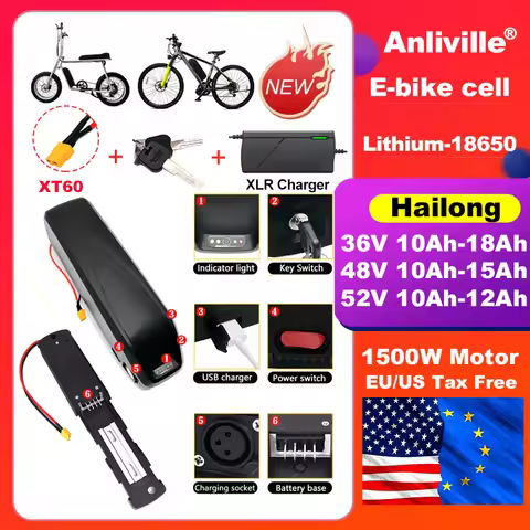 36V/48V/52V 10Ah-18Ah Lithium Battery, Hailong -8650 Cell with BMS, 4 Pin, for 250W-1500W E-Scooter 